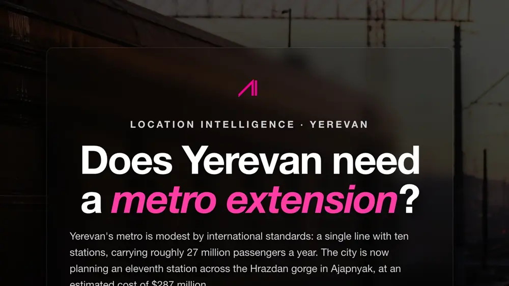 Rail tracks and overhead lines at dusk on the edge of Yerevan, under the story title.